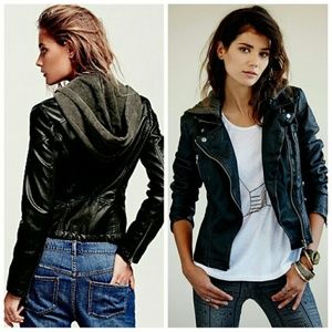 FREE PEOPLE Vegan Leather Hooded Moto Jacket
